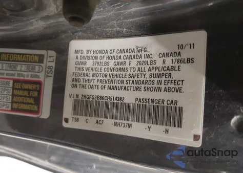 2012 Honda Civic Ex z USA, uszkodzony, nr VIN 2HGFG3B86CH514382